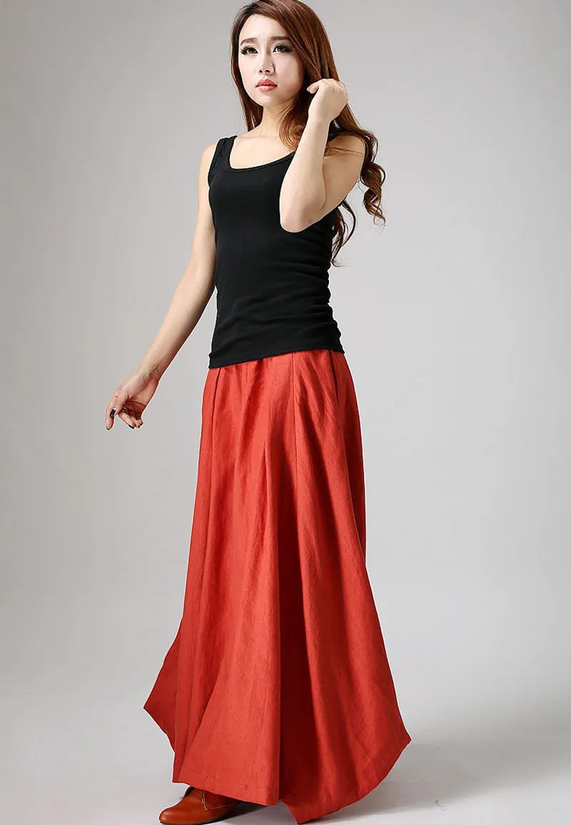 Women’s Handmade Linen Maxi Skirt – Orange Asymmetrical Flowy Skirt 