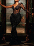 Single padded shoulder glittering sequins skinny mopping hem evening dress