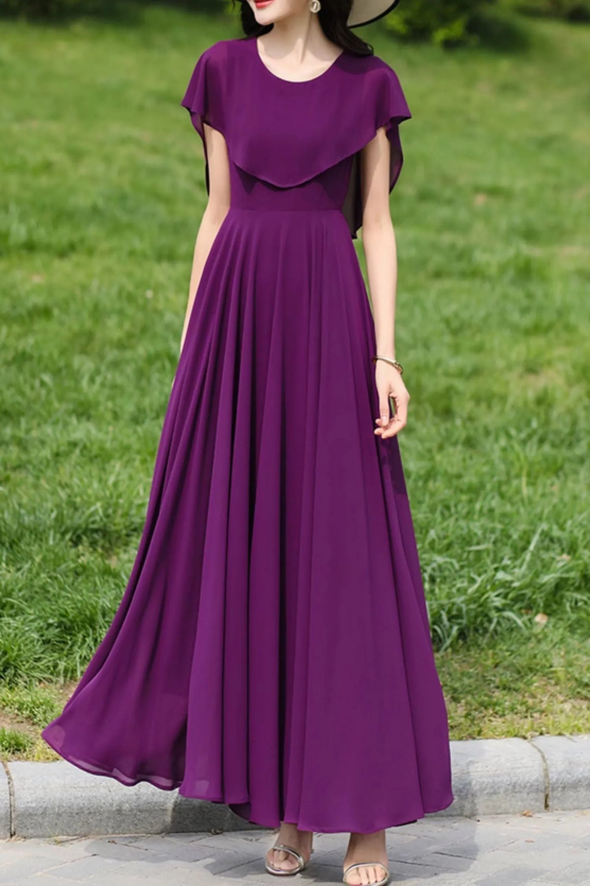 Purple Polyester Chiffon Prom Dress - Cape Detail, Ankle Length 4982