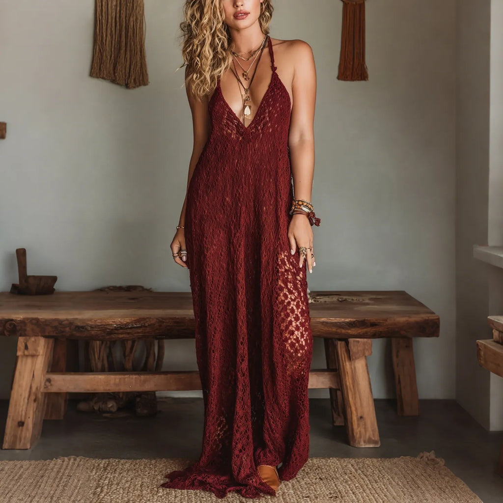 Elegant, Super Loose, Breathable Lace Halter Neck Long Dress