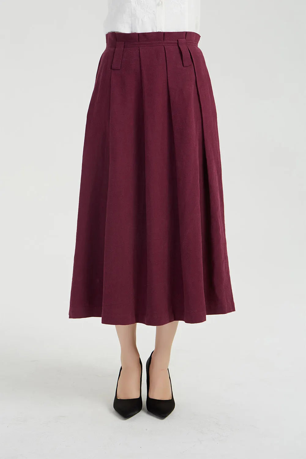 Burgundy Linen Midi Skirt - Pleated Paperbag Waist 2038