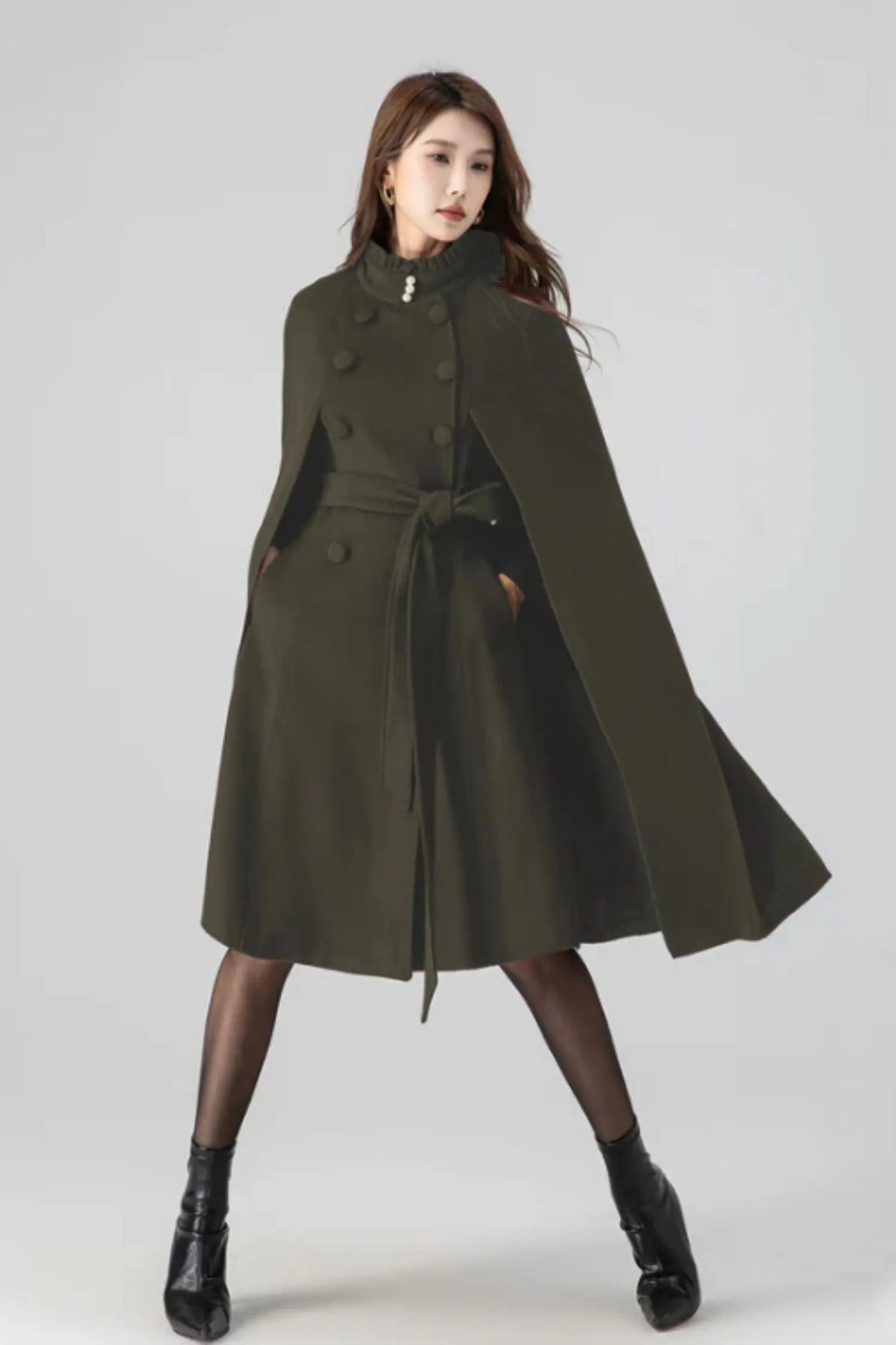 Army Green Wool Cape Coat – Women’s Vintage Stand Collar Cloak with Belt 5552