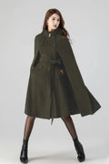 Army Green Wool Cape Coat – Women’s Vintage Stand Collar Cloak with Belt 5552