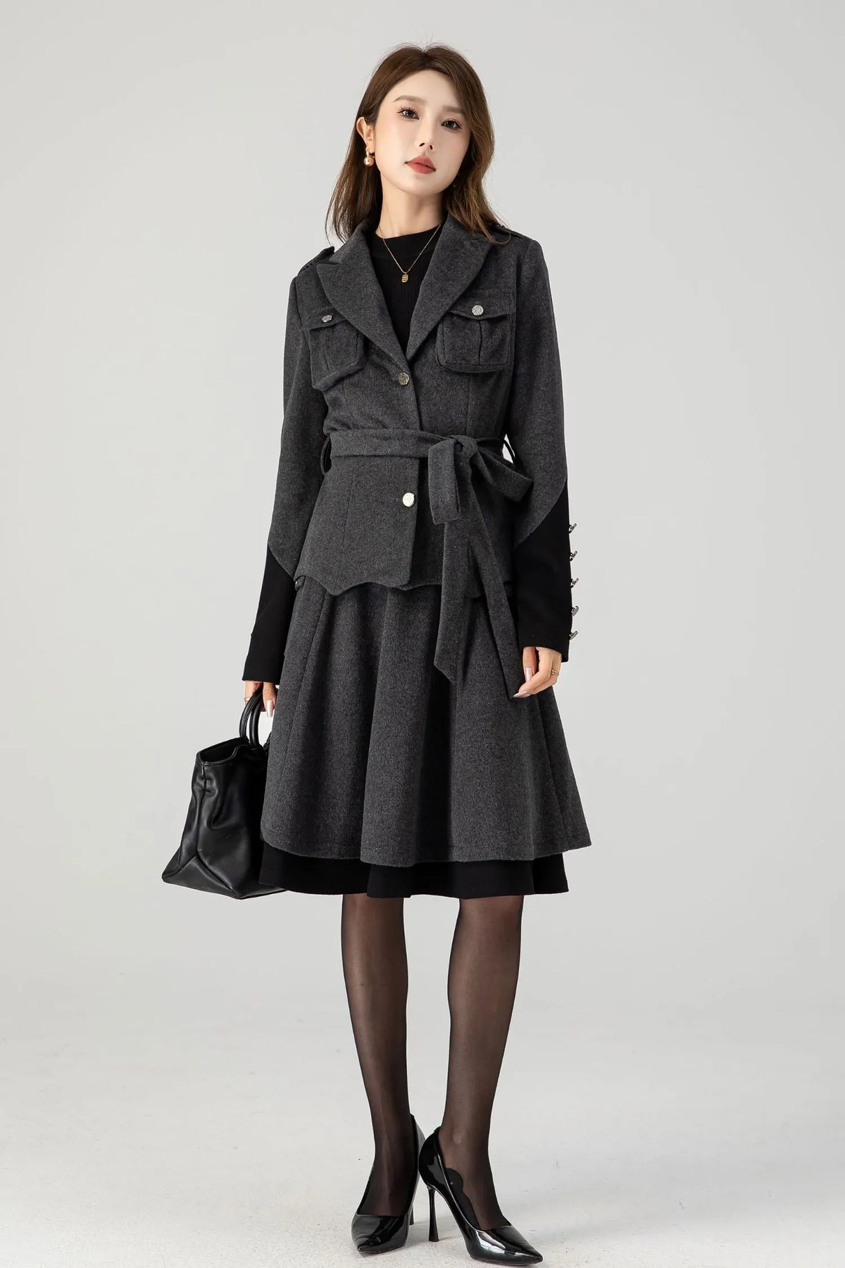 Gray Wool Military Short Coat - Relaxed Fit, Button-Flap Pockets 4605