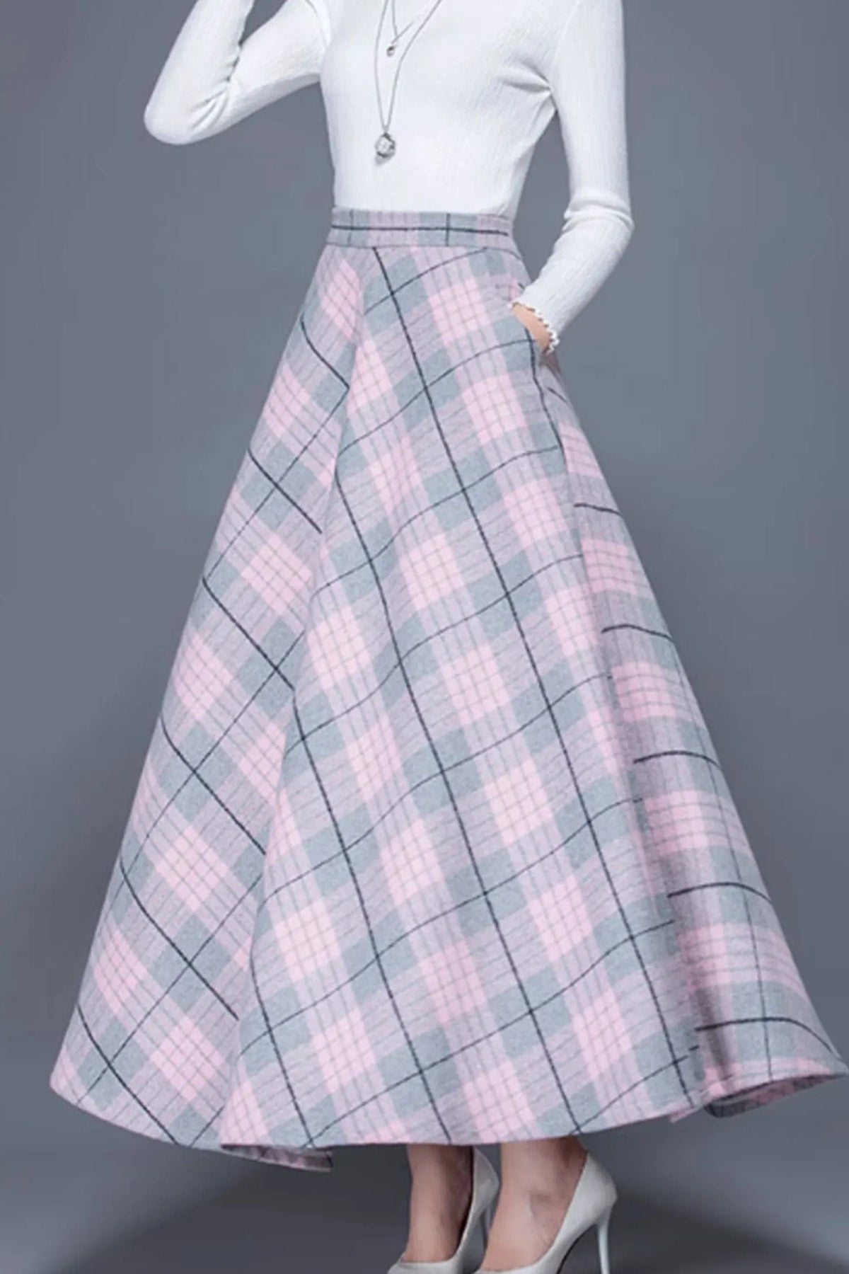 Plaid Wool Blend Maxi Skirt - A-Line Warm Winter Elegance 4649