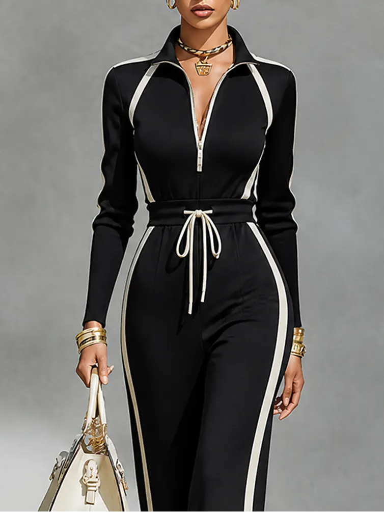 Black Contrast Stripe Tracksuit Set Half Zip Collar Top & Drawstring Waist Wide Leg Pants