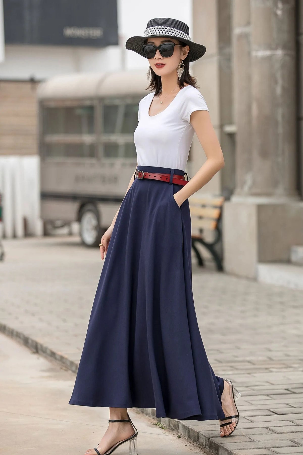 Navy Blue Linen Cotton Maxi Skirt – Minimalist A-Line Long Skirt with Pockets 2716