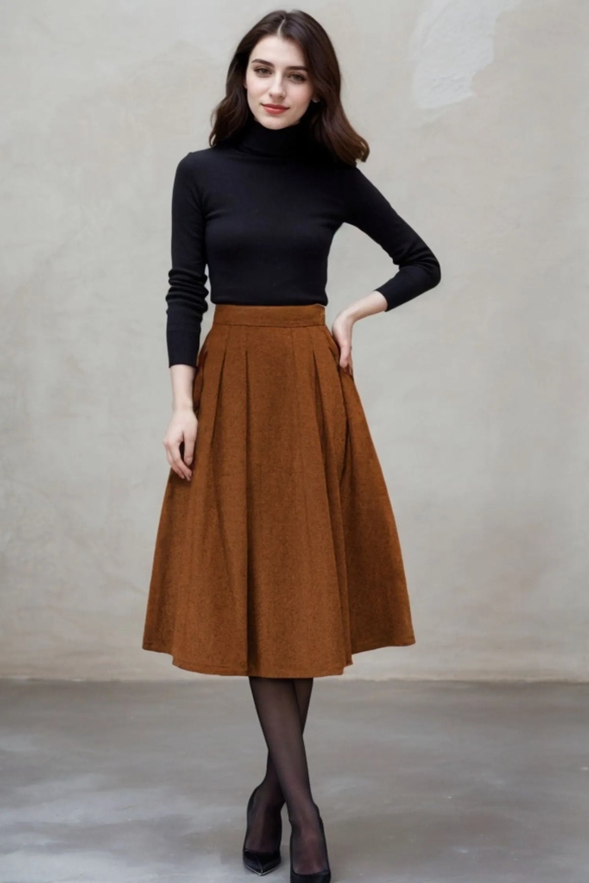 Handmade Wool Pleated Midi Skirt – Vintage Brown Winter Skirt 