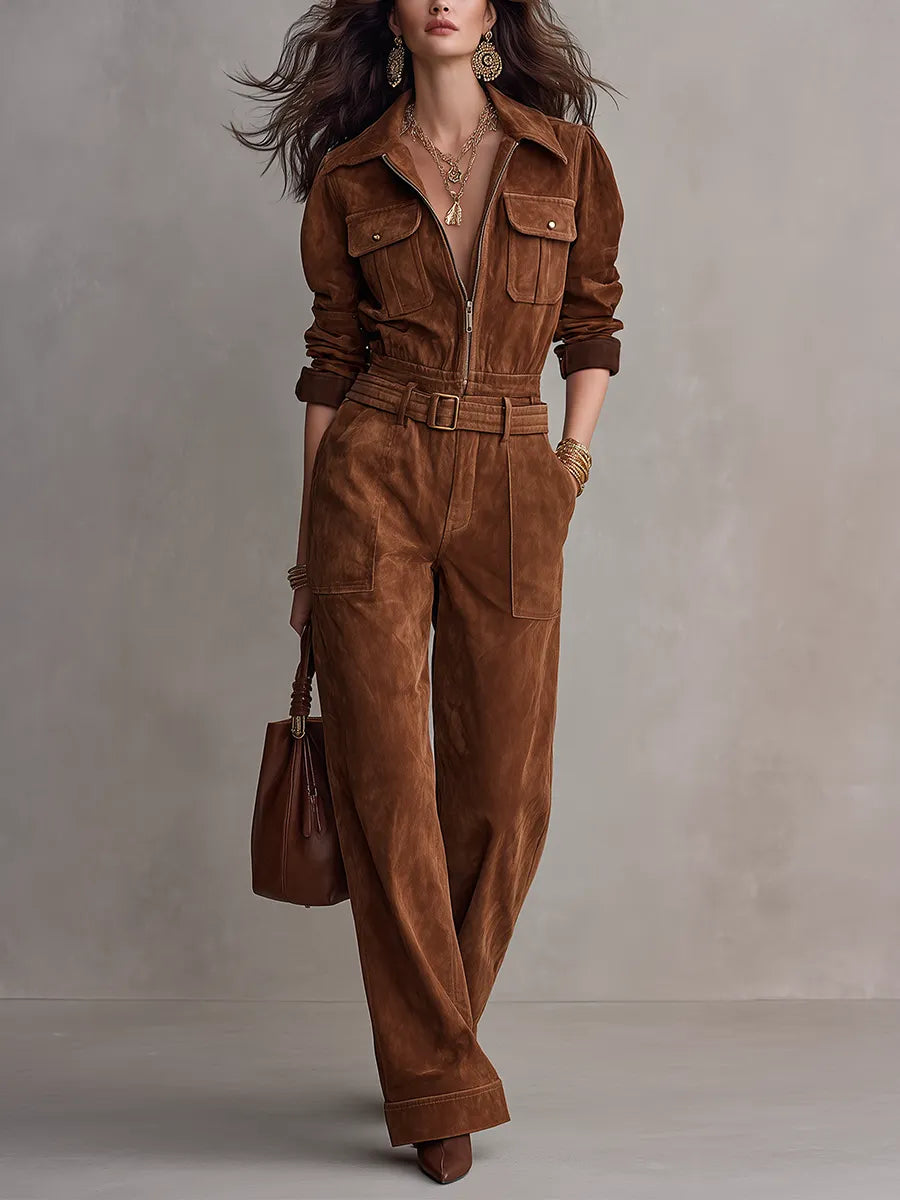 Utility Cognac Belted Suede Jumpsuit