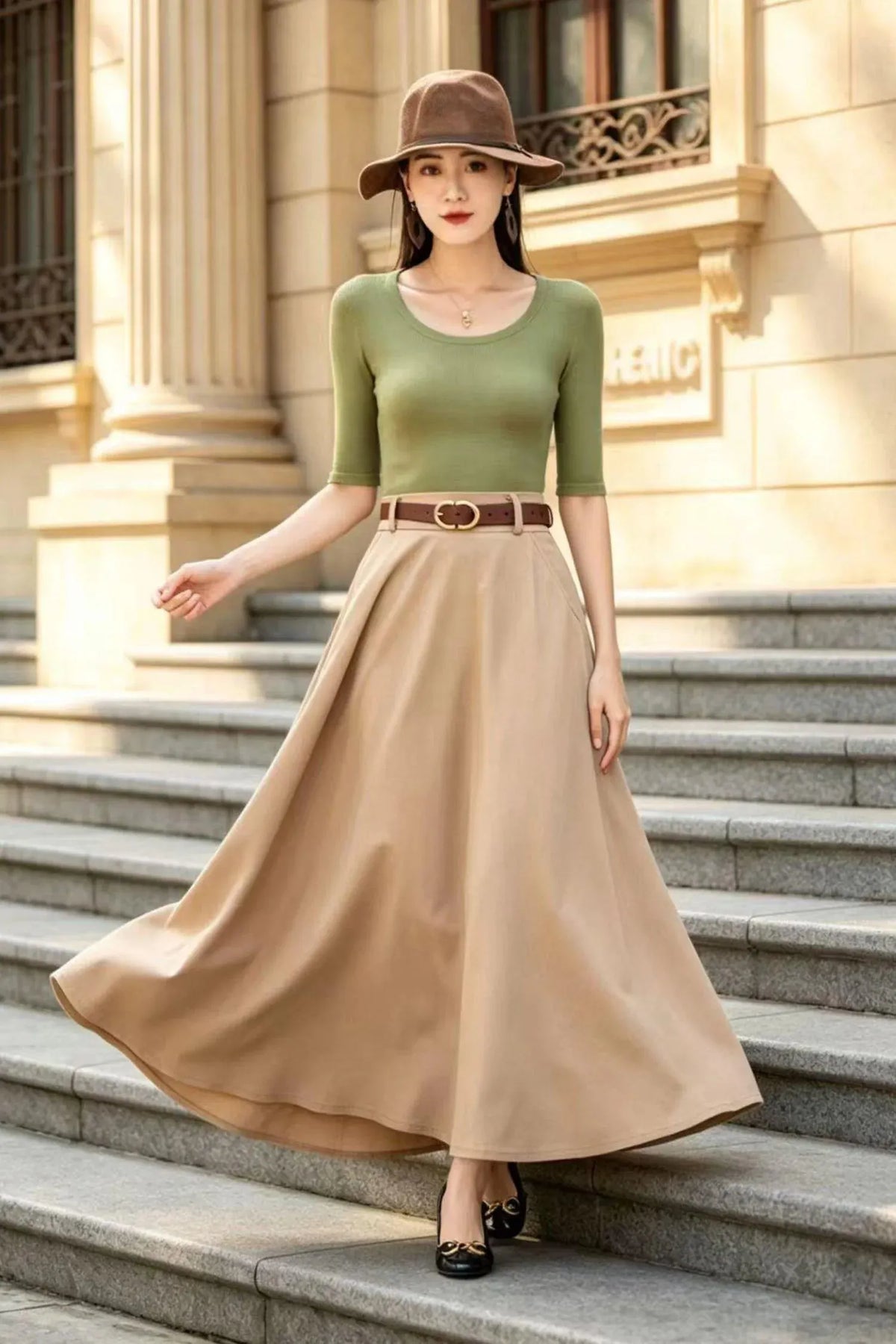 Khaki Cotton Blend Maxi Skirt - High-Waisted A-Line Swing Silhouette 6794