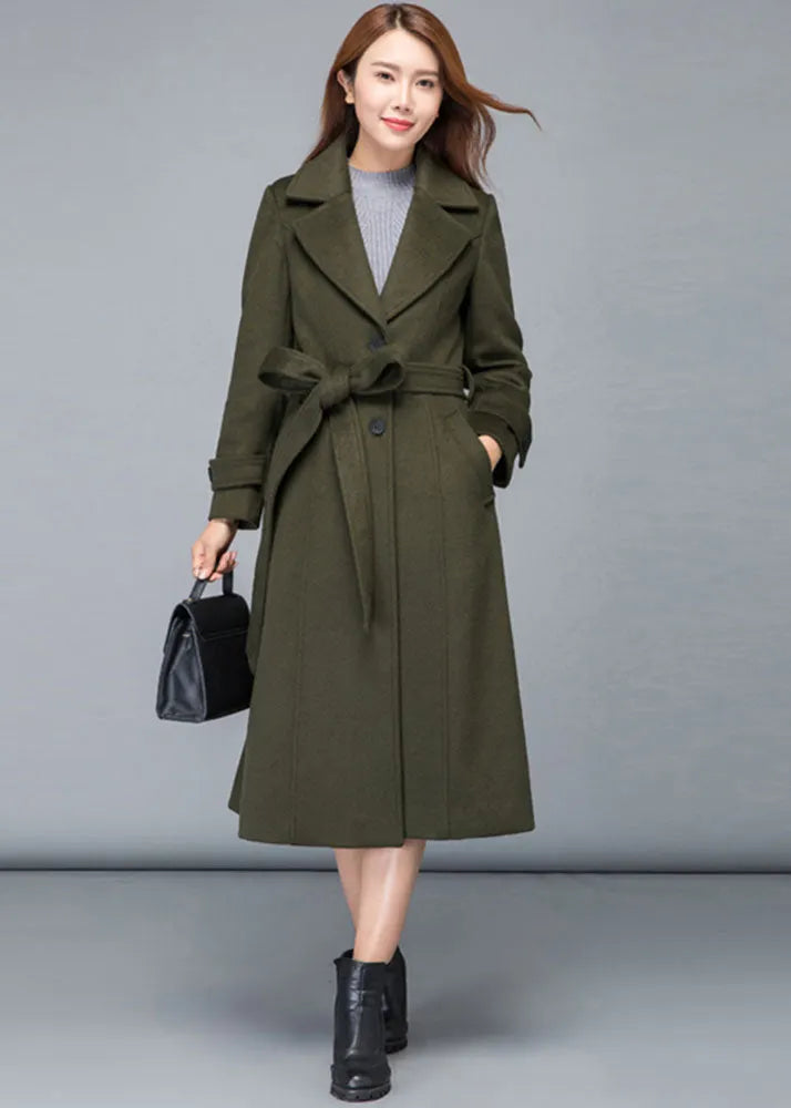 Army Green Wool Midi Coat - Fit & Flare Silhouette with Belt 2476