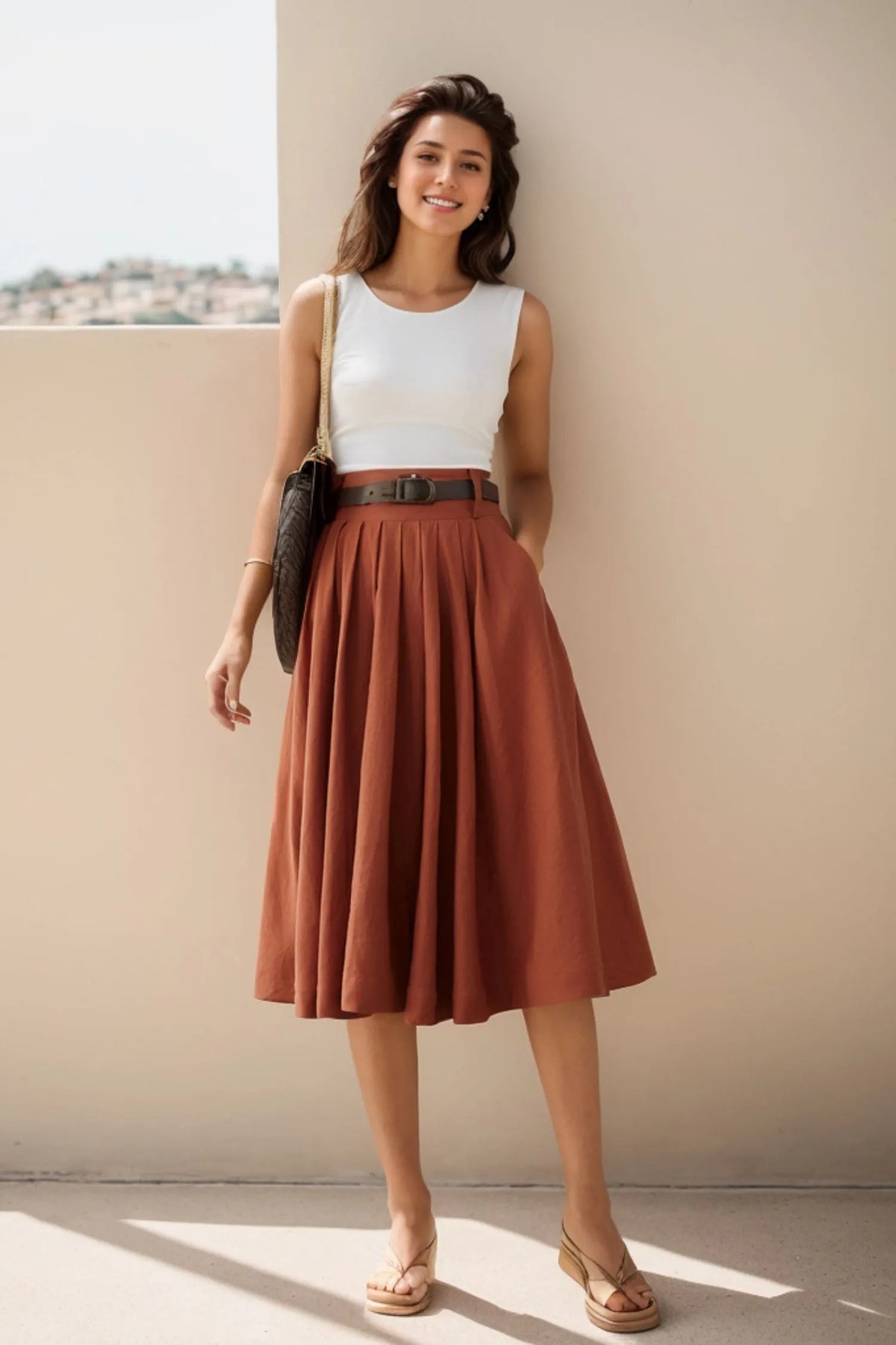 Brown Linen Midi Skirt - Pleated Full Circle Silhouette with Pockets 4976