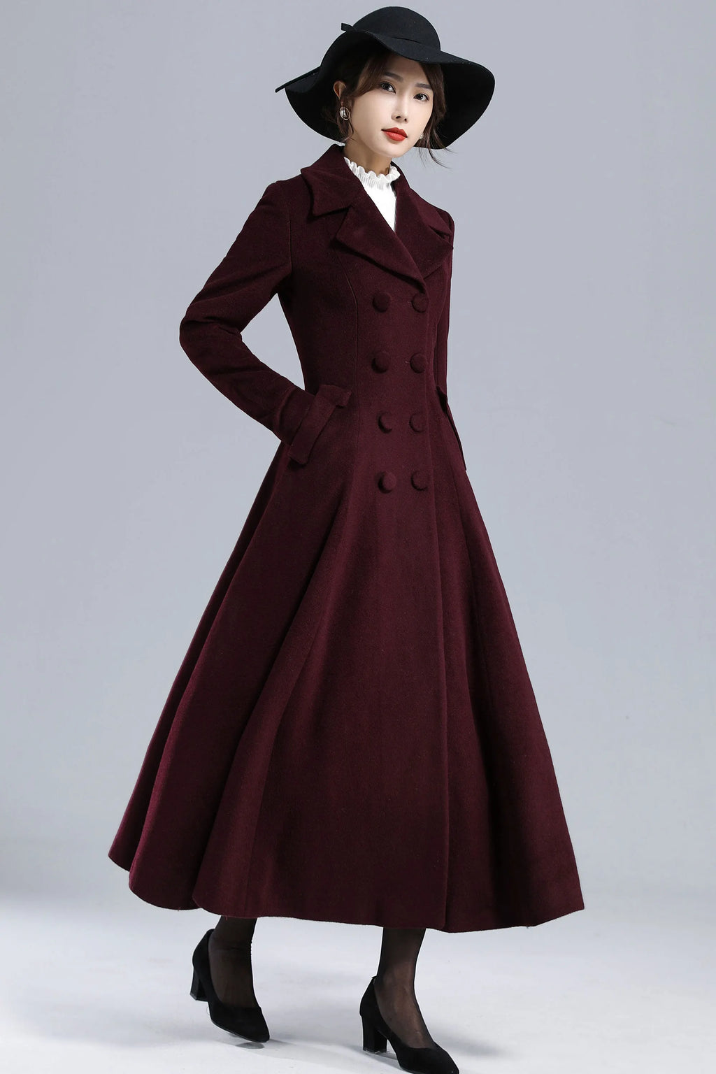 Burgundy Wool Swing Coat – Vintage 1950s Double Breasted Long Overcoat 3239