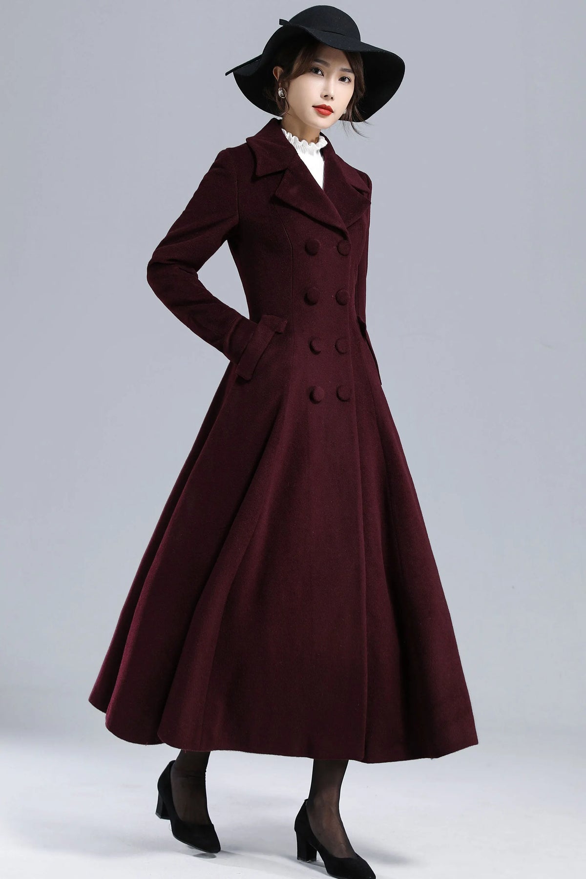 Burgundy Wool Swing Coat – Vintage 1950s Double Breasted Long Overcoat 3239