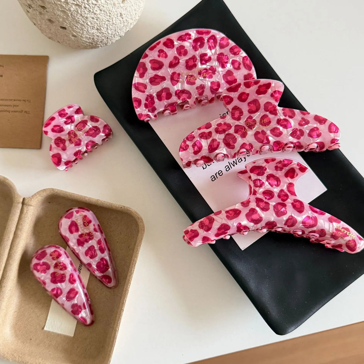 Acrylic Pink Leopard Print Hair Clips Set - Fashionable Claw Clips