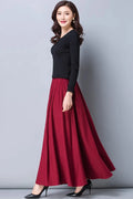 Red Linen Blend Maxi Skirt - Elastic Waist with Pockets 4871
