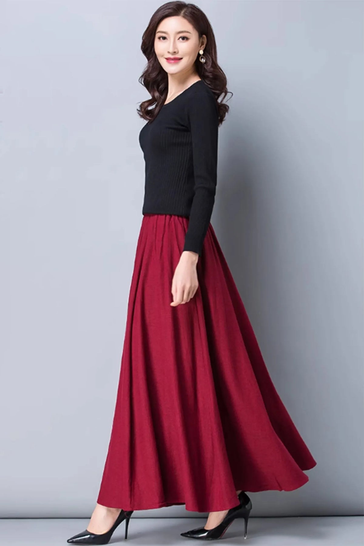 Red Linen Blend Maxi Skirt - Elastic Waist with Pockets 4871