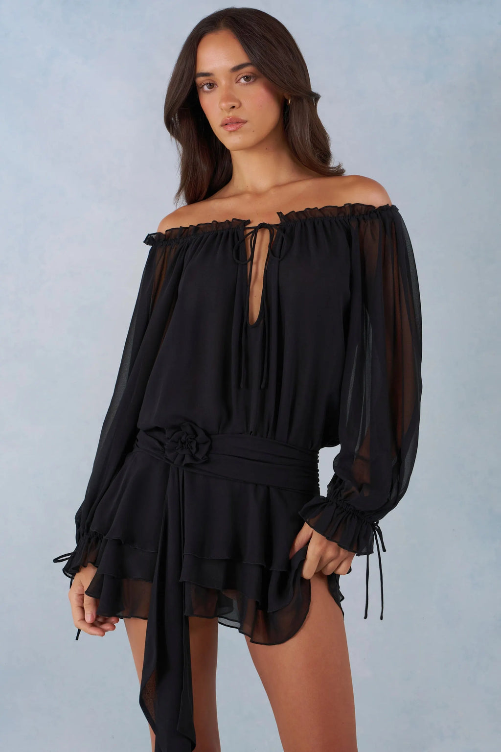 Off-Shoulder Balloon-Sleeve Mini Dress in Black