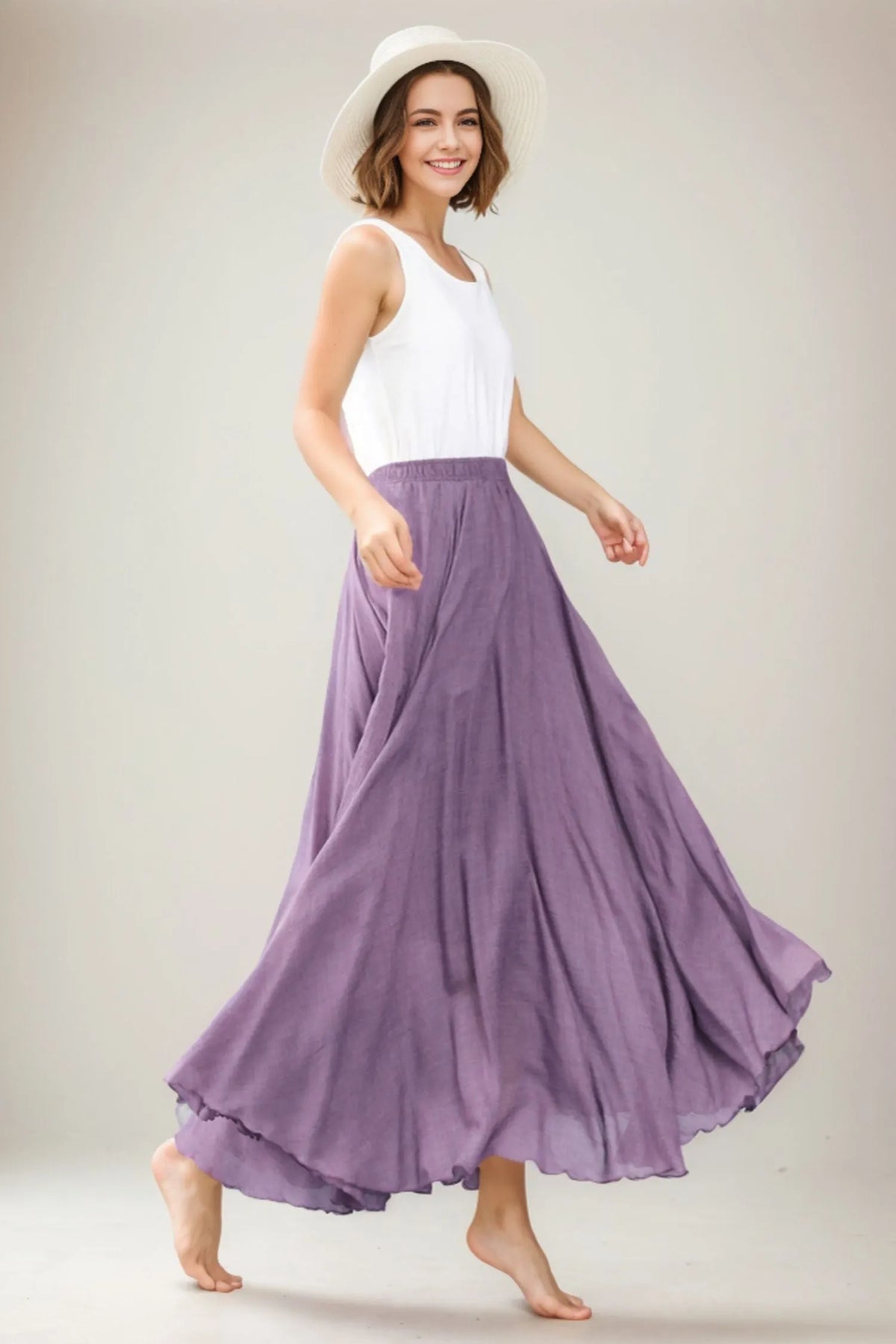 Handmade Linen Maxi Skirt – Lavender Swing Circle Skirt for Summer 
