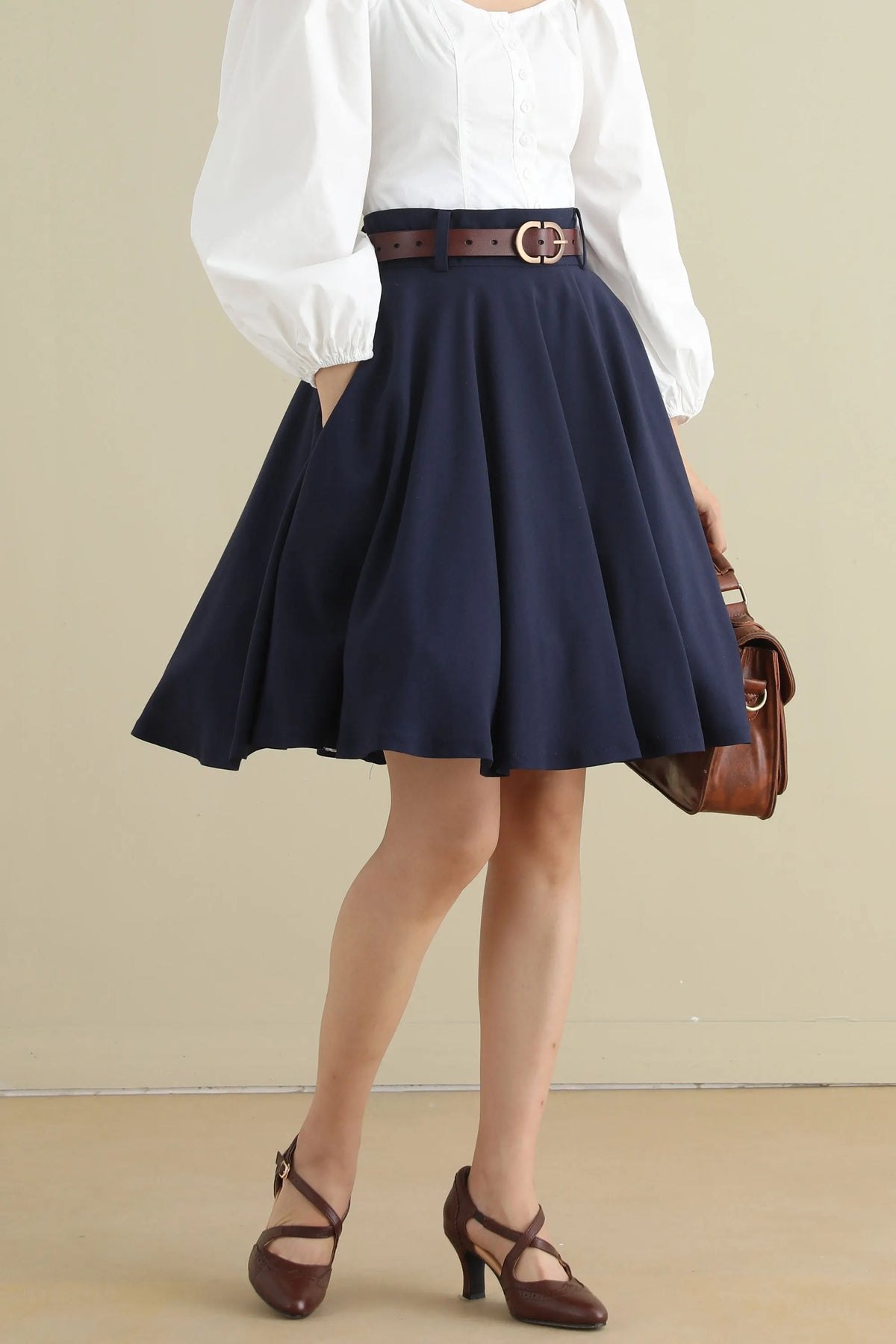 Navy Blue Linen Circle Skirt – Vintage 50s High Waist Skater Skirt with Pockets 2793