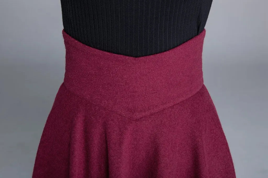 Burgundy Wool Blend Midi Skirt - High Waist Swing A-Line 1678