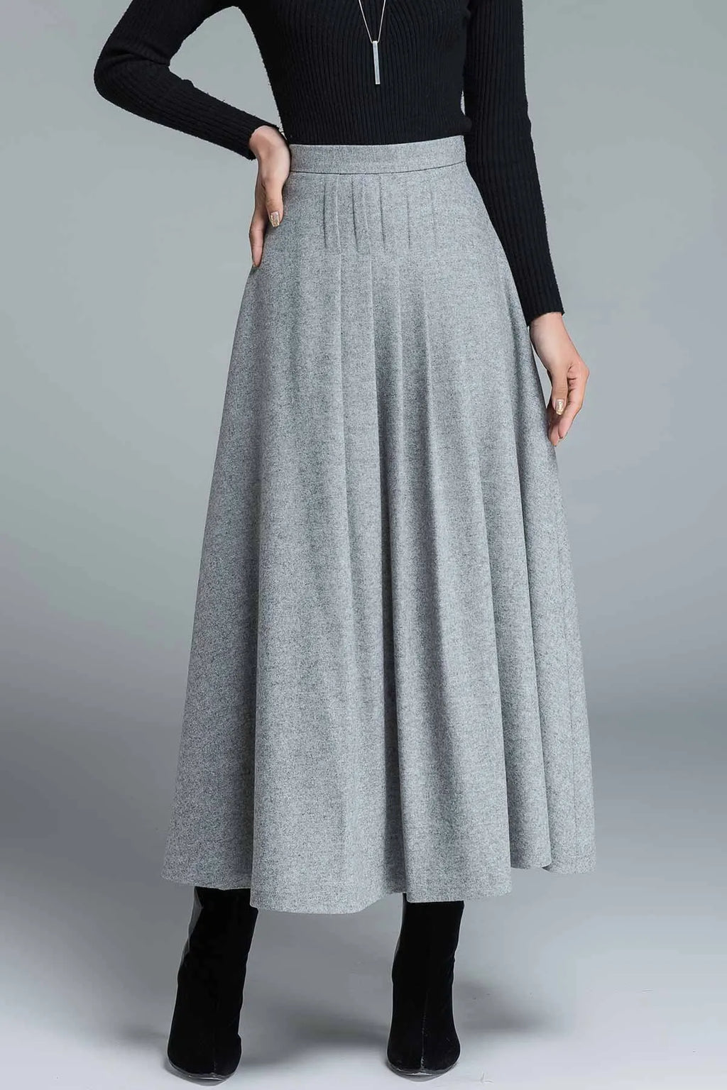 Light Gray Wool Maxi Skirt – Elegant Pleated Long Skirt with Waist Detail 1643