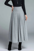 Light Gray Wool Maxi Skirt – Elegant Pleated Long Skirt with Waist Detail 1643