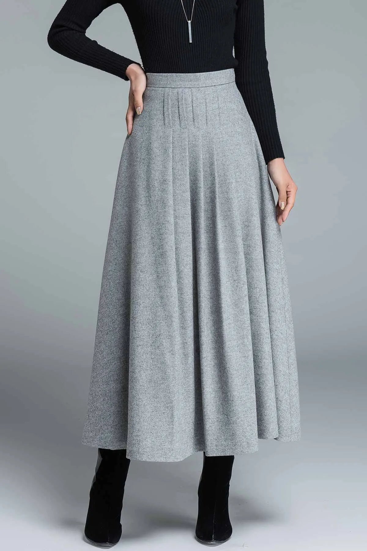 Light Gray Wool Maxi Skirt – Elegant Pleated Long Skirt with Waist Detail 1643
