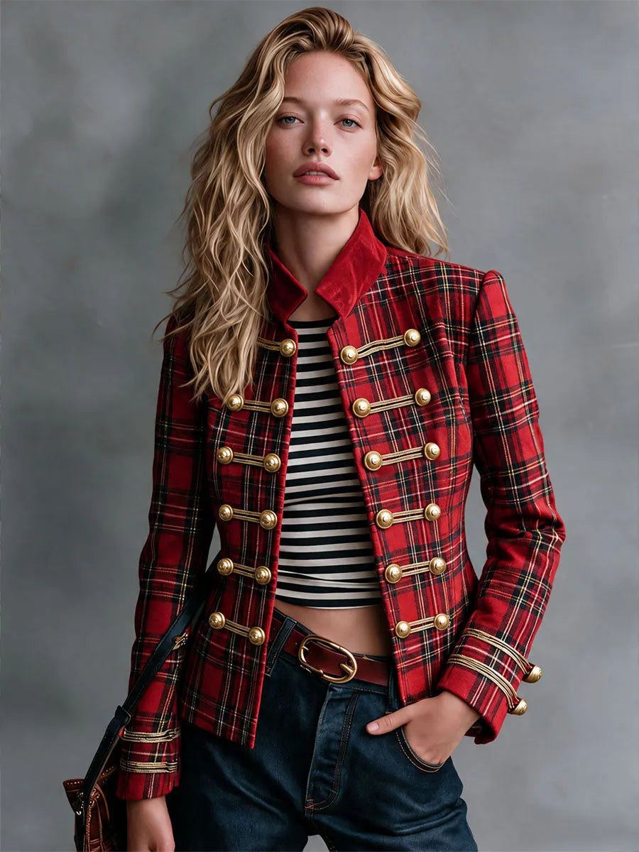 Retro Red Plaid Frog Button Velvet Collar Jacket