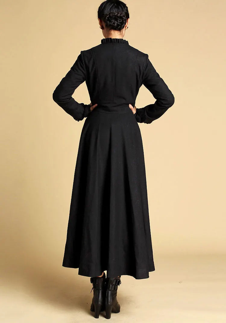 Handmade Wool Long Coat – Vintage Black Fit & Flare Winter Dress Coat 