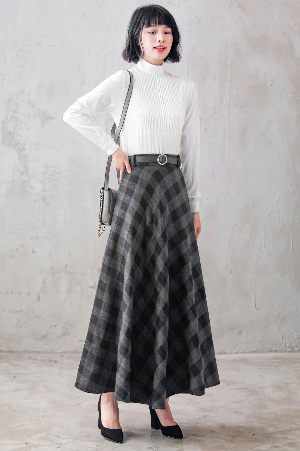 Plaid Wool Maxi Skirt - A-Line Flared Satin Lined 