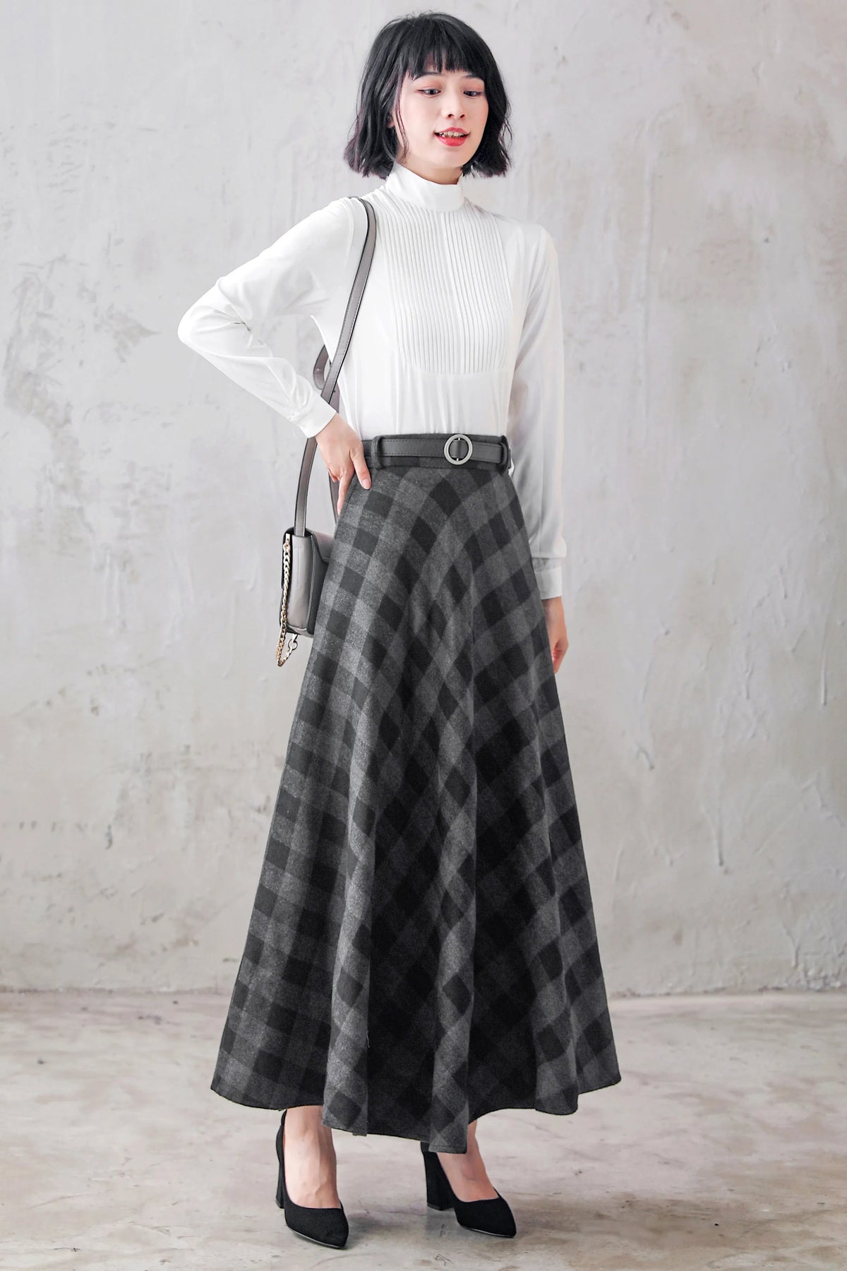 Plaid Wool Maxi Skirt - A-Line Flared Satin Lined 