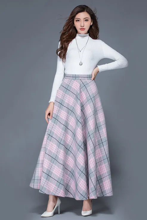 Plaid Wool Blend Maxi Skirt - A-Line Ankle Length with Pockets 3935