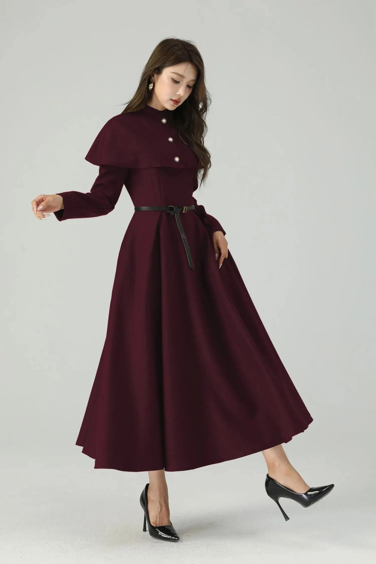 Burgundy Wool Blend Maxi Dress - Detachable Cape & Belted Waist 6434