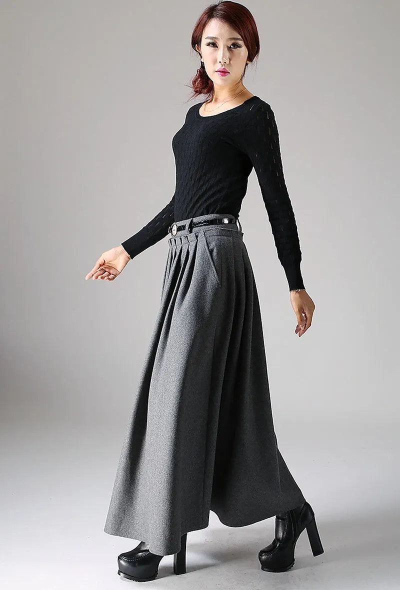 Handmade Dark Gray Pleated Wool Maxi Skirt – Warm A-Line Swing Skirt 1094