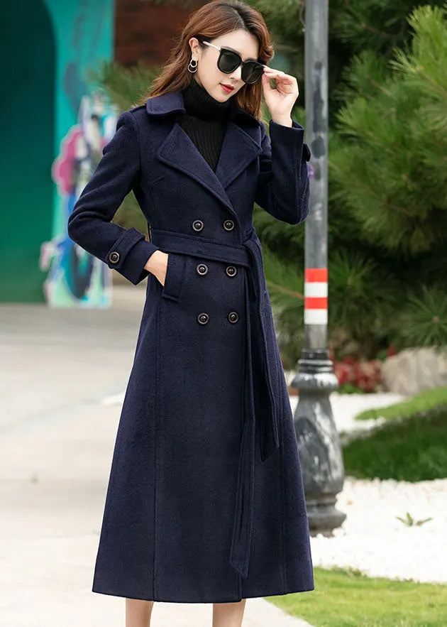 Navy Wool Maxi Coat - Double Breasted A-Line with Belt 2459