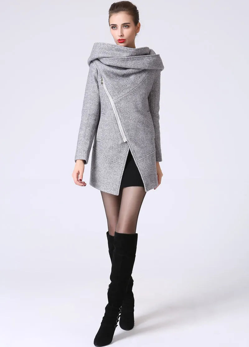 Women’s Gray Wool Blend Coat – Modern Asymmetrical Zip Hoodie Jacket 1060