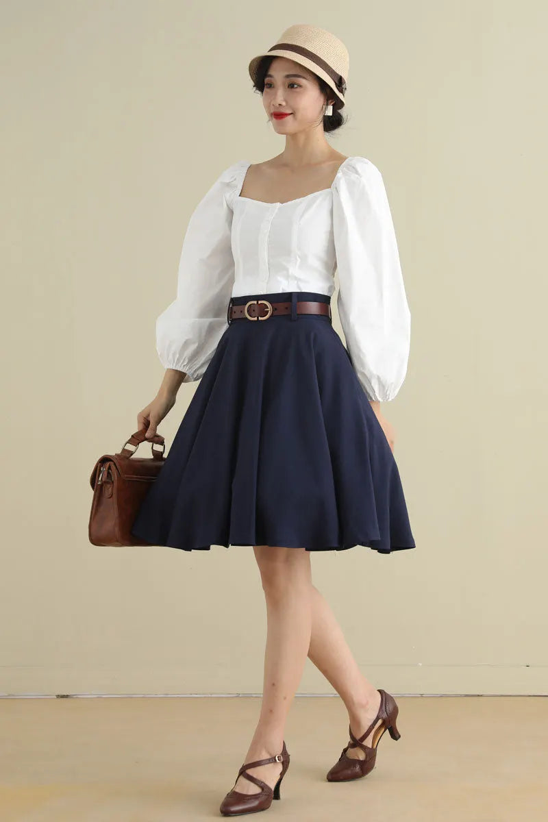 Navy Blue Linen Circle Skirt – Vintage 50s High Waist Skater Skirt with Pockets 2793