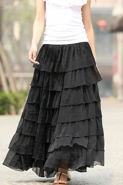 Black Chiffon Maxi Skirt - Tiered Ruffle Detail with Elastic Waist 939