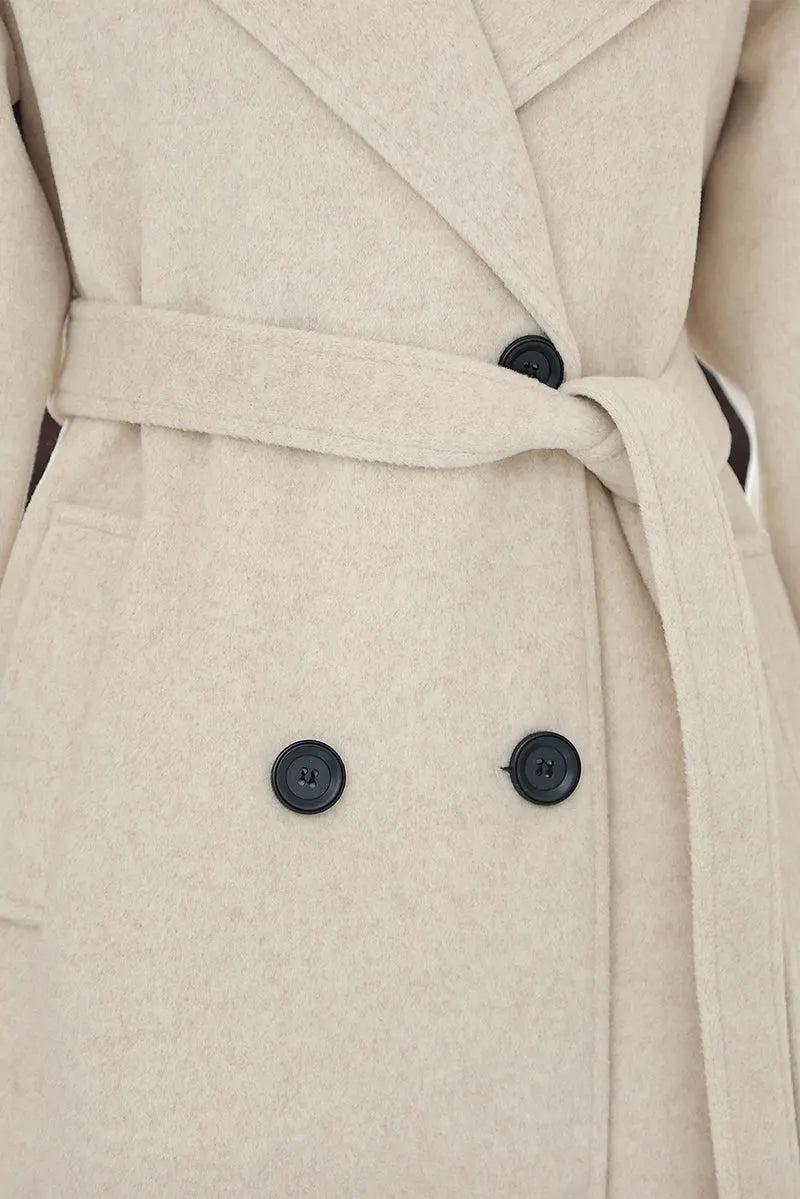 Beige Wool Long Coat - Double Breasted with Belted Waist 4018