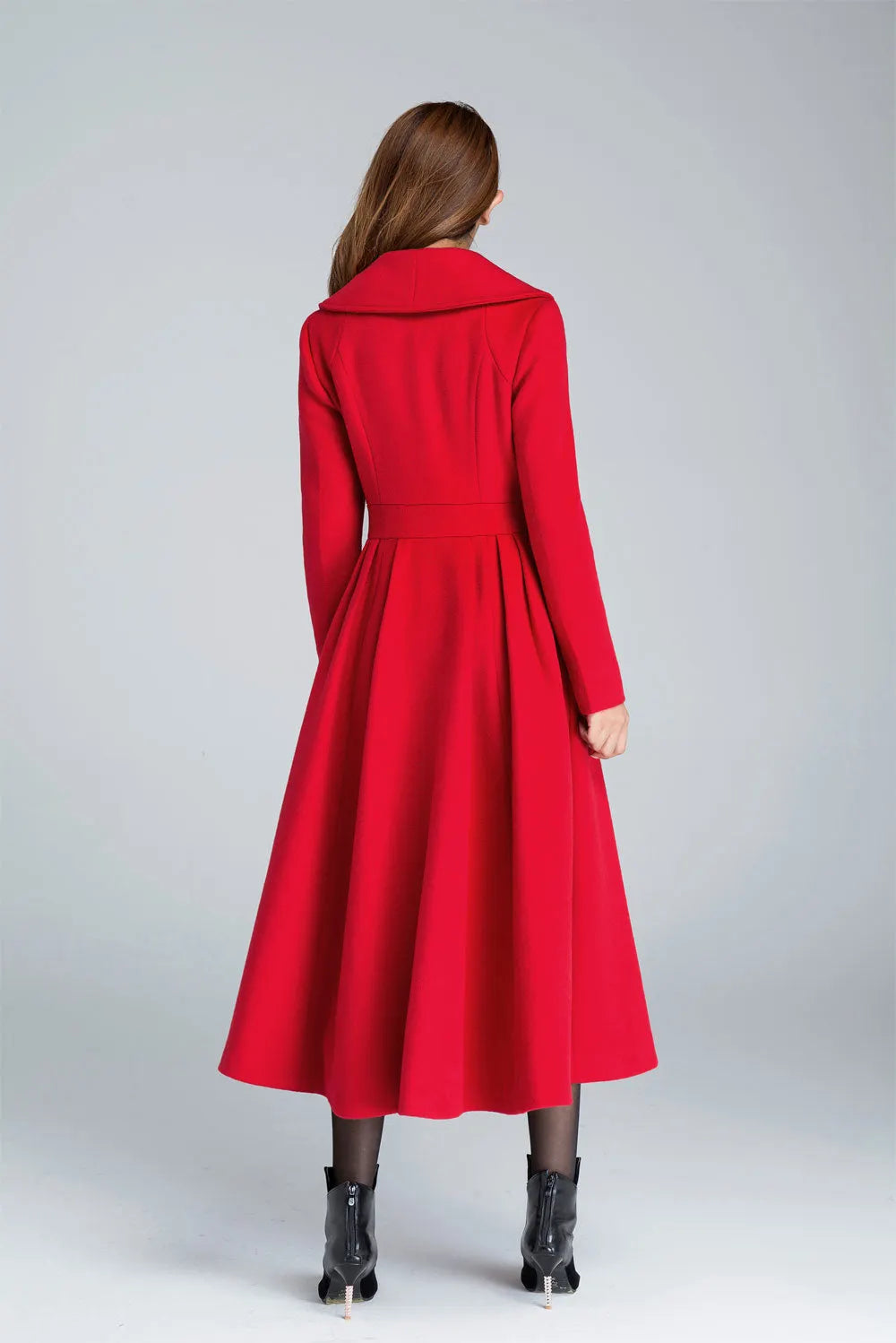 Vintage Red Wool Blend Coat – Princess Pleated Long Winter Overcoat 