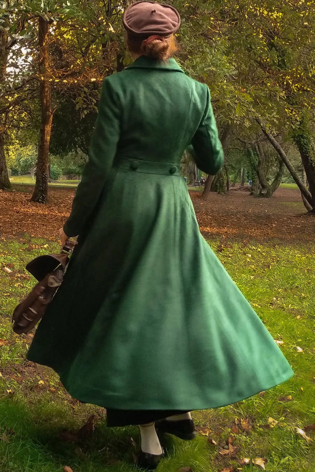 Handmade Dark Green Wool Maxi Coat – Vintage Double Breasted Fit and Flare 
