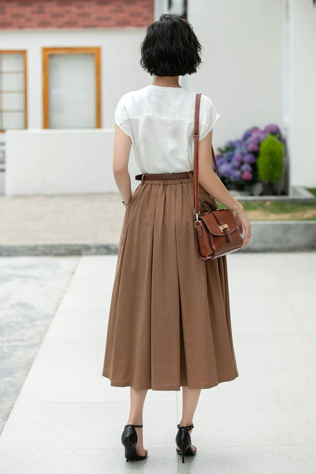 Coffee Linen Midi Skirt - Pleated A-Line with Belt Loops 5982