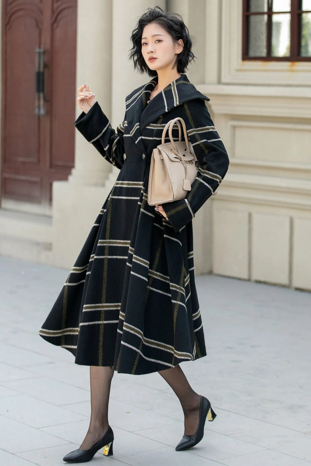 Black Wool Fit and Flare Coat - Double Breasted Stripe Design 5454