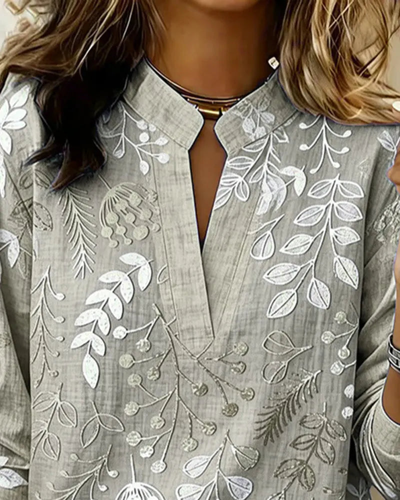 Women's V-Neck Floral Embroidered Blouse, Long Sleeve Notch Collar Linen Blend Top