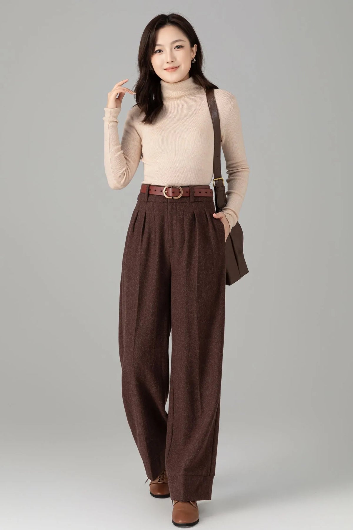 Women’s Chocolate Wool Trousers – Elegant Handmade High-Waist Pants 