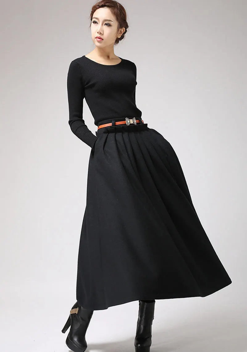 Black Wool Maxi Skirt for Women – Pleated Full-Length Winter Skirt, Handmade 0721
