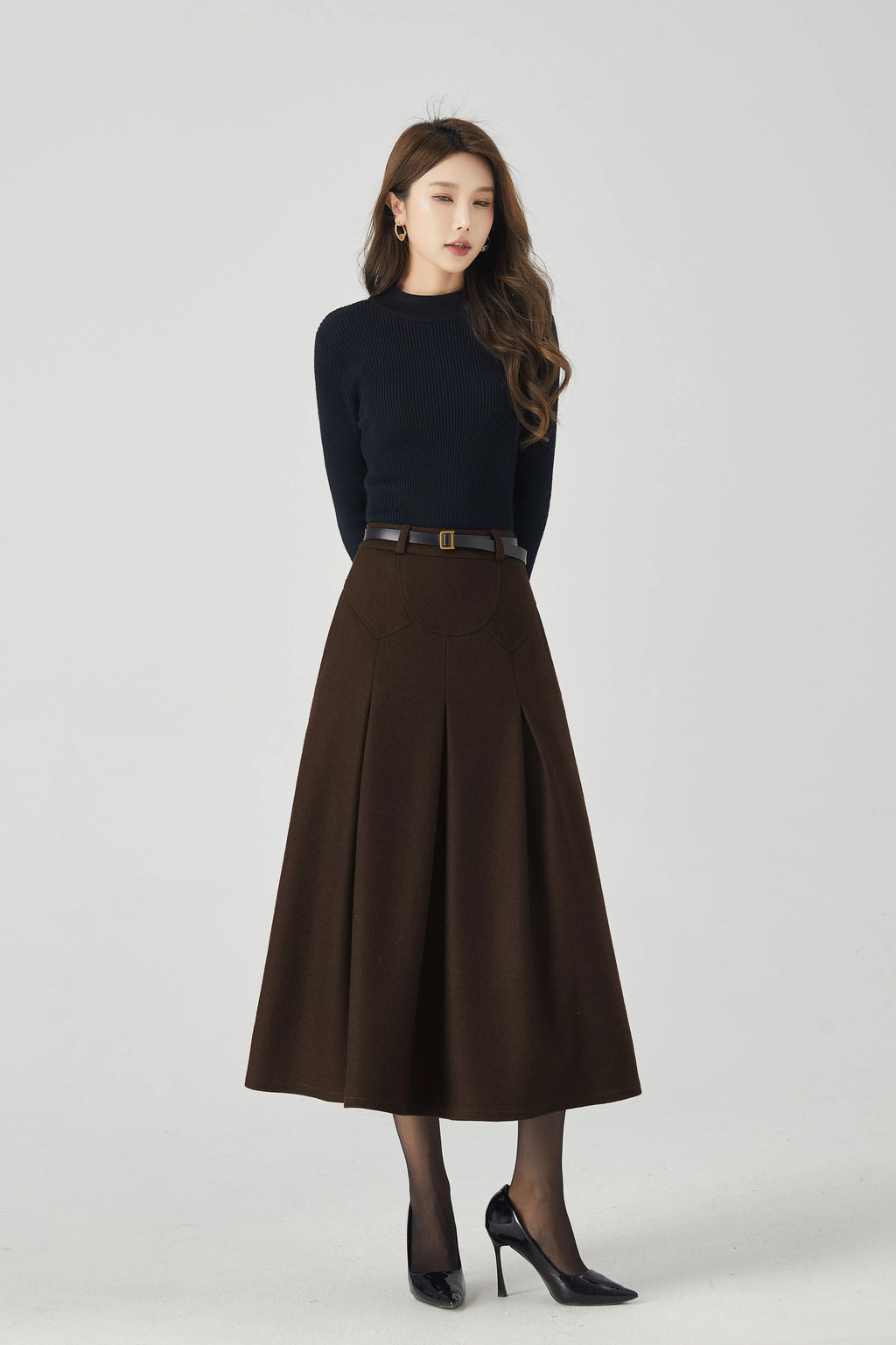 Brown Wool Pleated Midi Skirt - High-Waist A-Line Silhouette 6333