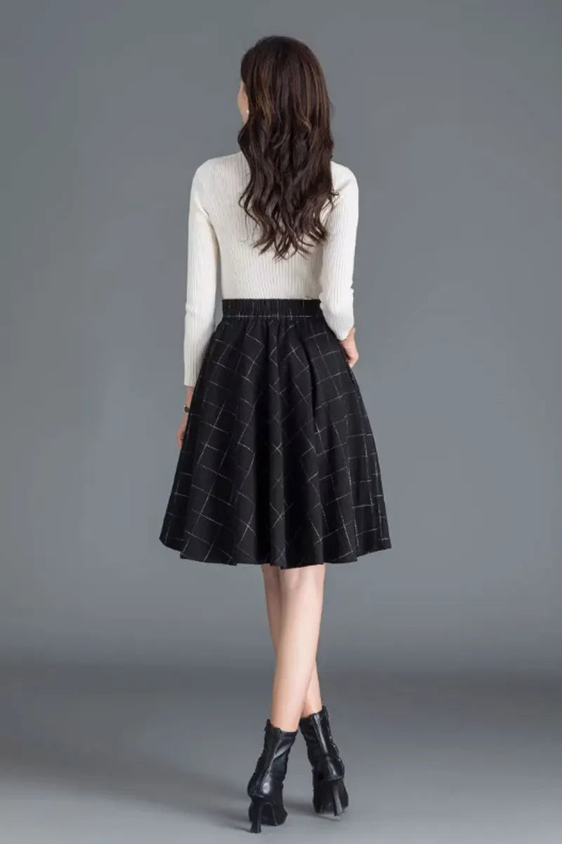 Black Wool Skater Skirt - Elegant A-Line Winter Essential 4655-4