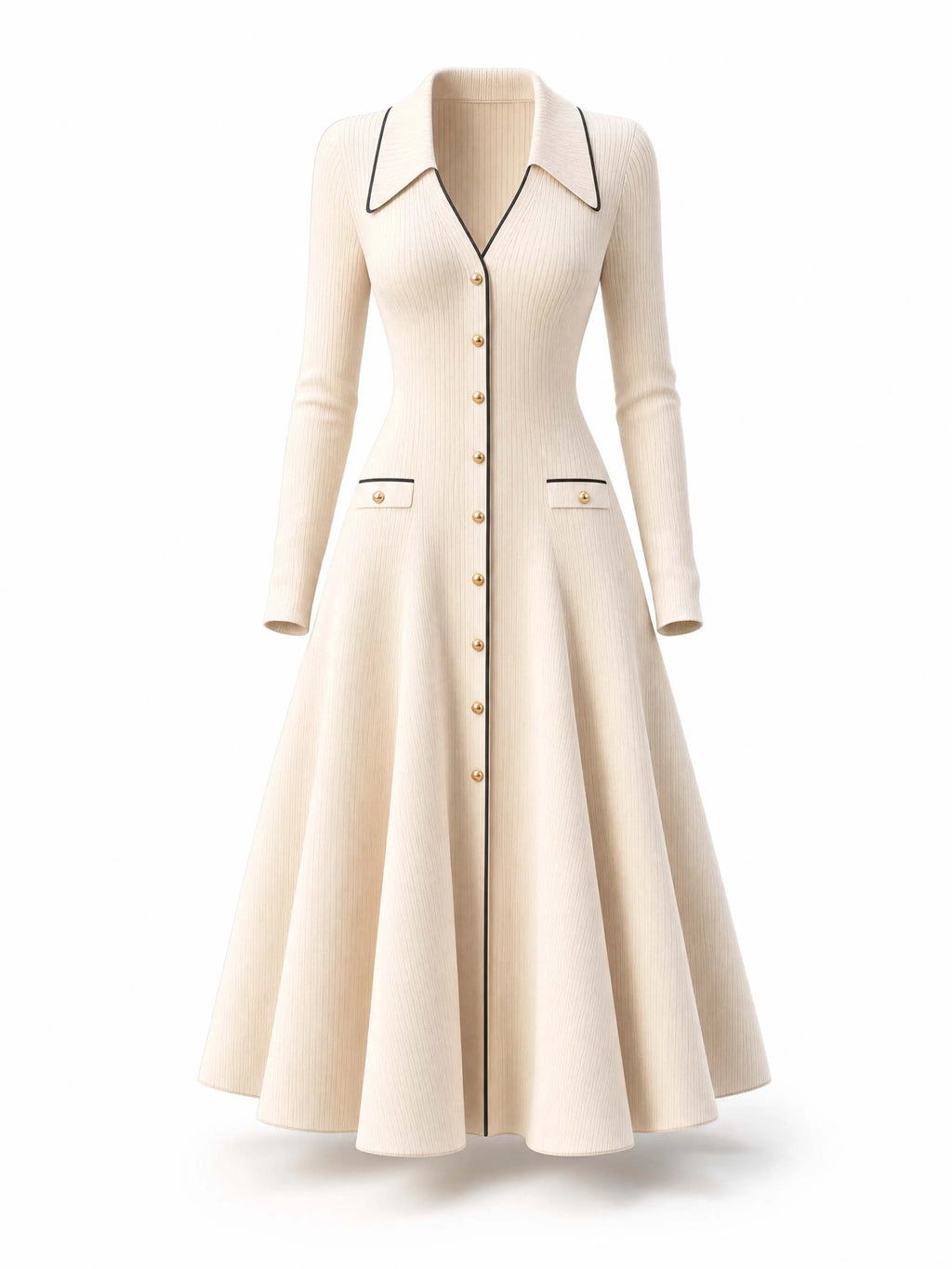 Vintage Collared Button‑Front Midi Knit Dress